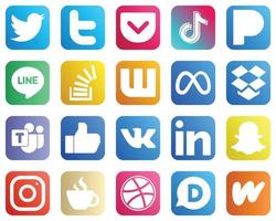 todo en un conjunto de iconos de redes sociales 20 iconos como dropbox. meta. Pandora. Wattpad e iconos de acciones. alta definición y único vector