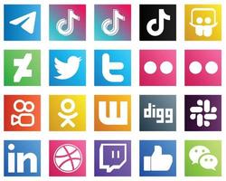 20 íconos esenciales de las redes sociales como digg. odnoklassniki. compartir diapositivas. iconos de kuaishou y flickr. completamente editable y único vector