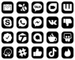 20 íconos de medios sociales blancos premium sobre fondo negro, como etiquetado. Facebook. chat. no me gusta y los iconos de fb. elegante y único vector