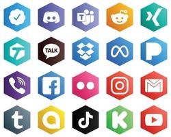 conjunto de iconos blancos de color plano hexagonal como viber. xing iconos de pandora y meta. 25 iconos elegantes vector