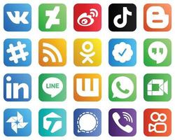 20 íconos de redes sociales para todas sus necesidades, como la insignia verificada de Twitter. alimento. video. iconos rss y blog. elegante y único vector