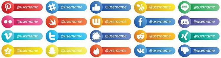 20 estilos de tarjeta únicos sígueme íconos de redes sociales como vimeo. texto. iconos rápidos y de mensajes. totalmente editable y versátil vector