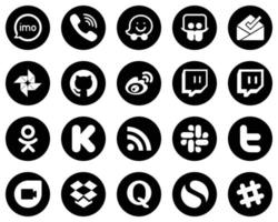 20 íconos creativos de medios sociales blancos sobre fondo negro como odnoklassniki. compartir diapositivas. iconos de china y weibo. totalmente editable y versátil vector