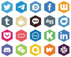 20 Fresh White Icons pocket. digg. kakao talk and streaming Hexagon Flat Color Backgrounds vector