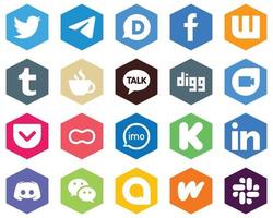 20 Fresh White Icons pocket. digg. kakao talk and streaming Hexagon Flat Color Backgrounds vector