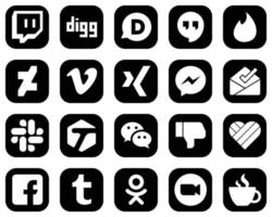 20 íconos creativos de medios sociales blancos sobre fondo negro, como disgusto. wechat xing iconos etiquetados y de la bandeja de entrada. minimalista y personalizable vector