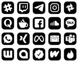 20 iconos modernos de medios sociales blancos sobre fondo negro como soundcloud. pensión completa. foto de google iconos de facebook y transmisión. alta definición y único vector