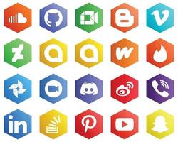 25 iconos blancos simples como zoom. Tinder. Blog. iconos de literatura y google allo. fondos de color plano hexagonal vector