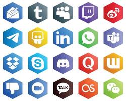 Hexagon Flat Color White Icon Collection such as dropbox. microsoft team. telegram. whatsapp and linkedin icons. 25 Professional Icons vector