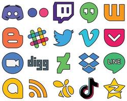 20 iconos de redes sociales llenos de líneas creativas como zoom. video. Wattpad. vimeo y twitter totalmente editables y personalizables vector