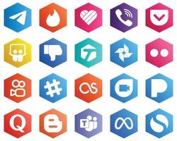 conjunto de iconos blancos de color plano hexagonal como spotify. Yahoo. bolsillo. flickr e iconos etiquetados. 25 iconos innovadores vector