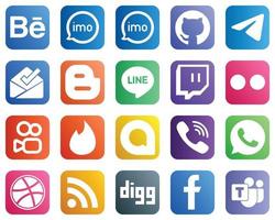 20 elegantes íconos de redes sociales como Tinder. Yahoo. iconos de línea y flickr. limpio y minimalista vector