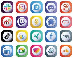 20 Cute 3D Gradient High Quality Social Media Icons such as mesenger. odnoklassniki. twitch and china icons. Professional and Customizable vector