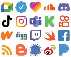 20 iconos planos de redes sociales de diseño lineal instagram. China. discordia. íconos de video y tiktok. conjunto de iconos de redes sociales degradados vector