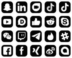 20 Elegant White Social Media Icons on Black Background such as wechat. skype. reddit and like icons. Eye-catching and editable vector