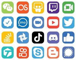 20 íconos de redes sociales para cada plataforma, como YouTube. reunión. Insignia verificada de Twitter e íconos de video. conjunto de iconos de degradado único vector