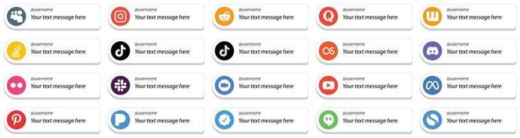 20 Follow Me Social Media Platform Card Style Icons with Custom Message Option such as lastfm. china. stockoverflow. video and tiktok icons. Versatile and premium vector
