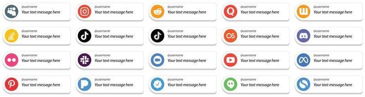 20 iconos de estilo de tarjeta de plataforma de redes sociales sígueme con opción de mensaje personalizado como lastfm. China. desbordamiento de existencias. íconos de video y tiktok. versátil y premium vector