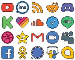 20 iconos de redes sociales llenos de líneas de alta definición, como el sonido. me gusta reddit y financiación totalmente personalizable y premium vector