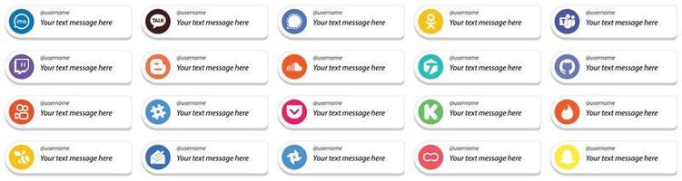 estilo de tarjeta sígueme íconos con mensaje personalizable para el paquete de 20 redes sociales principales, como etiquetado. sonido. odnoklassniki. iconos de soundcloud y blogger. limpio y profesional vector