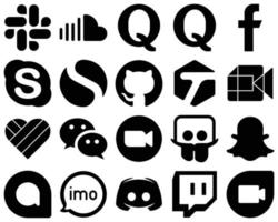 20 íconos de glifos sólidos negros personalizables como likee. video. iconos de google meet y github. limpio y minimalista vector