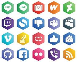 Hexagon Flat Color White Icon Set such as question. video. simple and vimeo icons. 25 Professional Icons vector