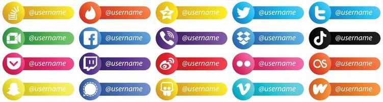 20 elegantes iconos de estilo de tarjeta de plataforma de red social sígueme como rakuten. iconos de twitter y fb. creativo y profesional vector