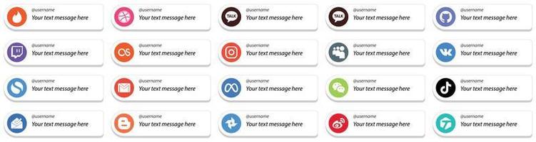 20 estilos de tarjeta únicos sígueme íconos de redes sociales con mensajes personalizables como wechat. meta. iconos de correo y gmail. llamativo y de alta definición vector