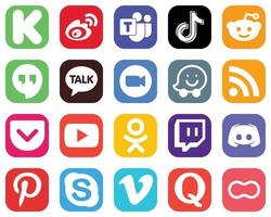 20 íconos de redes sociales para su marca, como video. charla kakao. iconos de tiktok y google hangouts. conjunto de iconos de degradado minimalista vector