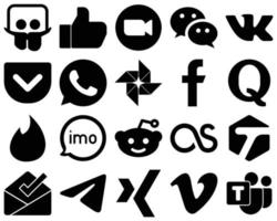 20 íconos profesionales de glifo sólido negro como pregunta. Mensajero. Iconos de fotos de fb y google. de alta calidad y minimalista vector