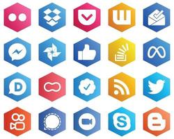 colección de iconos blancos de color plano hexagonal como facebook. Desbordamiento. pensión completa. iconos de stock y stockoverflow. 25 iconos de alta calidad vector