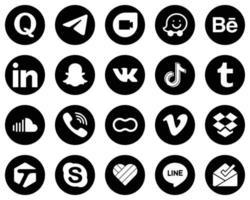 20 Fully Editable White Social Media Icons on Black Background such as tumblr. china. linkedin. video and tiktok icons. High-resolution and editable vector