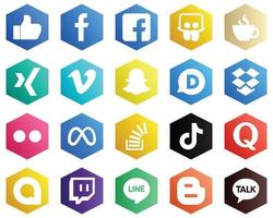 conjunto de iconos blancos de color plano hexagonal como meta. Flickr iconos de Dropbox y Snapchat. 25 iconos modernos vector