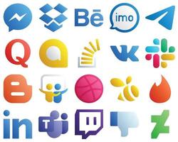 20 íconos degradados de marcas de redes sociales como acciones. desbordamiento de existencias. iconos de google allo y quora. alta definición y versátil vector