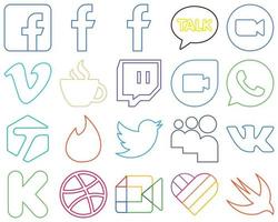 20 Innovative and unique Colourful Outline Social Media Icons such as tinder. whatsapp. vimeo and google duo Minimalist and customizable vector