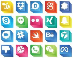 Fully Customizable 3D Social Media Icons 20 Icons Pack such as behance. spotify. chat. google duo and xing icons. Customizable and unique vector