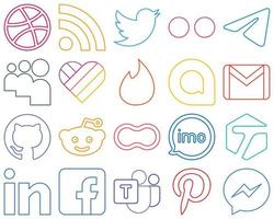 20 iconos de redes sociales de contorno colorido personalizables y de alta resolución, como github. Email. Mensajero. gmail y yesca profesional y limpio vector