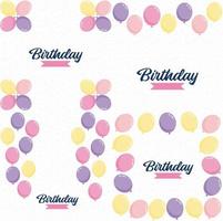 Happy Birthday in a playful. hand-drawn font with a background of balloons and confetti. vector