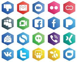 25 iconos de color plano hexagonales blancos como google meet. íconos de myspace y madres. negocios y mercadeo vector