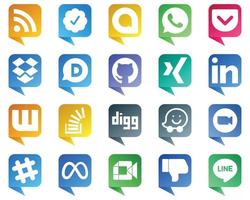 20 Chat bubble style Social Media Icons for Popular Brands such as digg. stock. github. question and wattpad icons. Eye catching and editable vector