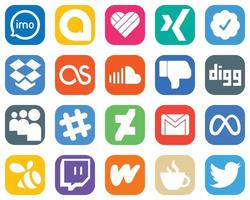 20 íconos de redes sociales para todas sus necesidades, como Spotify. cavar buzón. iconos de facebook y música. elegante conjunto de iconos degradados vector