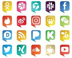 el icono de las redes sociales estilo burbuja de chat establece 20 iconos como messenger. compartir diapositivas. iconos de weibo e instagram. elegante y minimalista vector