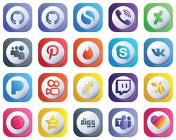 20 Cute 3D Gradient Elegant Social Media Icons such as overflow. question. tinder. stockoverflow and pandora icons. Modern and Clean vector