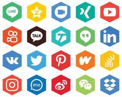 20 Versatile White Icons pinterest. twitter. kuaishou. vk and linkedin Hexagon Flat Color Backgrounds vector