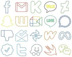 20 Professional Colourful Outline Social Media Icons such as mesenger. line. kakao talk and google meet High-quality and modern vector