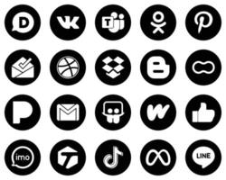 20 High-Quality White Social Media Icons on Black Background such as mail. gmail. dropbox. pandora and mothers icons. Fully editable and professional vector