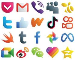 20 elegantes íconos degradados de redes sociales como video. Tik Tok. enjambre. iconos de literatura y facebook. creativo y profesional vector