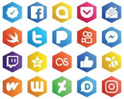 25 High-quality White Icons such as tencent. twitch. twitter. fb and messenger icons. Hexagon Flat Color Backgrounds vector