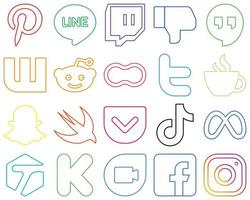 20 Eye-catching and vibrant Colourful Outline Social Media Icons such as swift. peanut. streaming and tweet Customizable and high-resolution vector