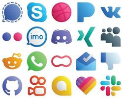 20 Gradient Social Media Icons for Popular Brands such as message. flickr. discord and video icons. Eye catching and editable vector